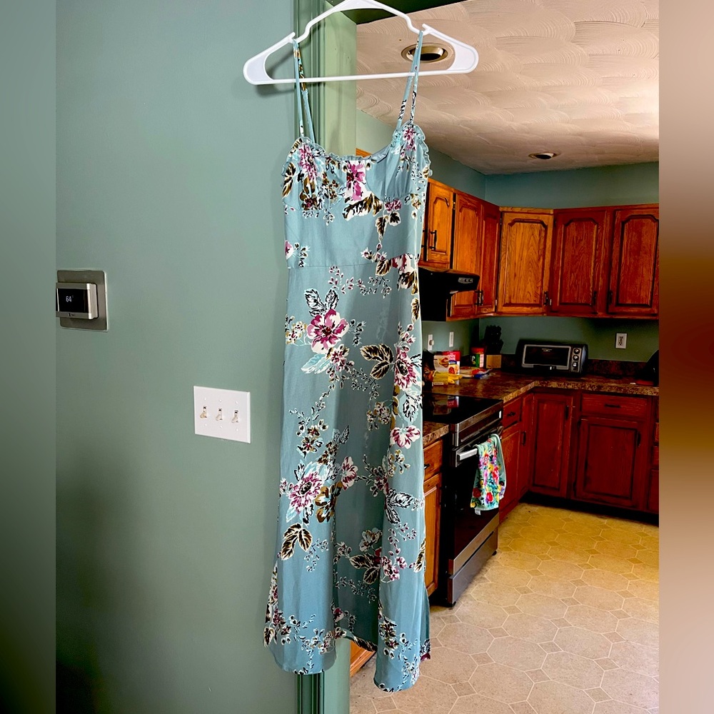 Blue green spaghetti strap dress with flowers